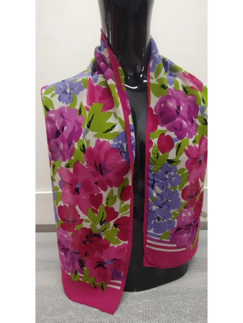 Vintage Sheer Silk Rectangle Scarf Fuchsia Floral Purple Lavender Baar & Beards
